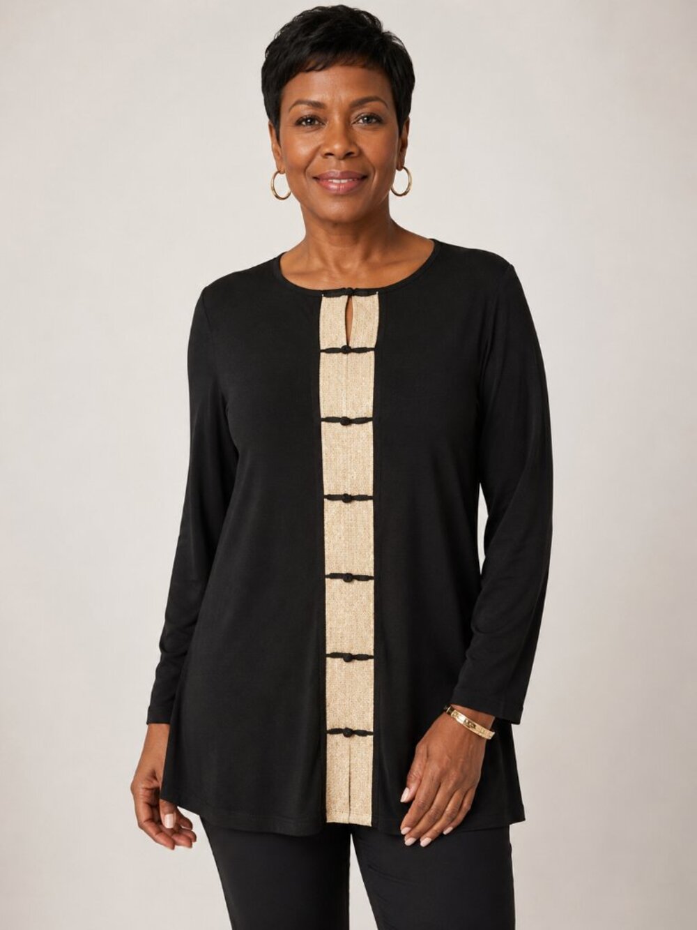 MISOOK Black Gold Knit Pullover Tunic Top Long Sleeve Elegant Career Sz L
